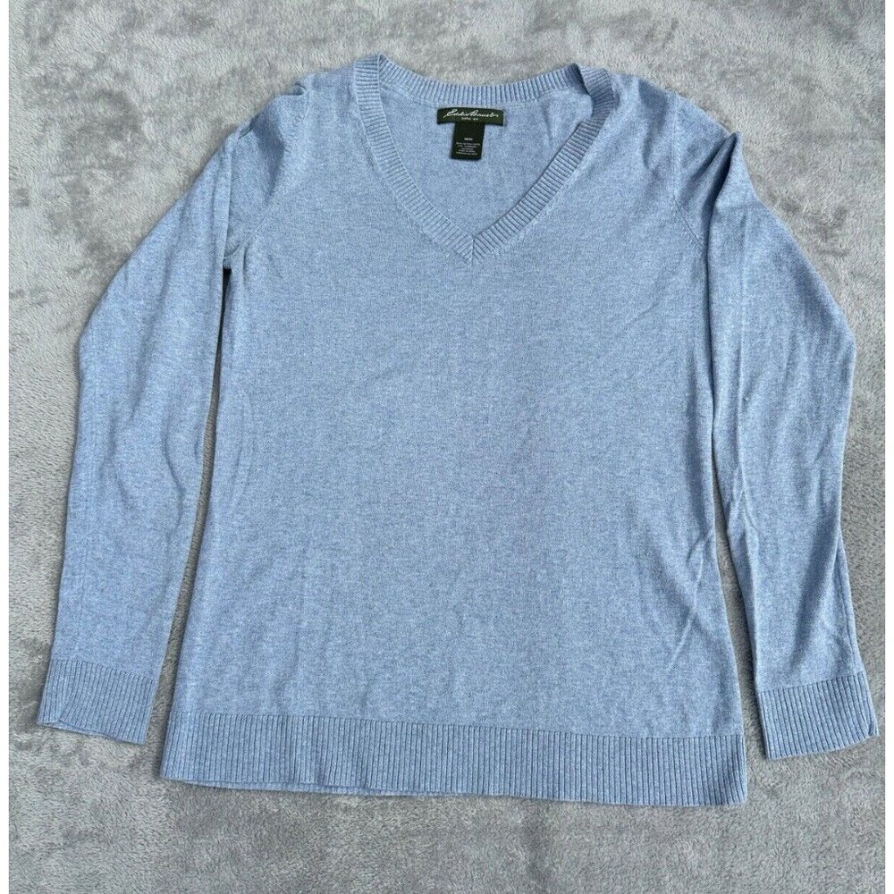 Eddie Bauer Sweater Mens Medium Blue Solid Cotton Cashmere V Neck *